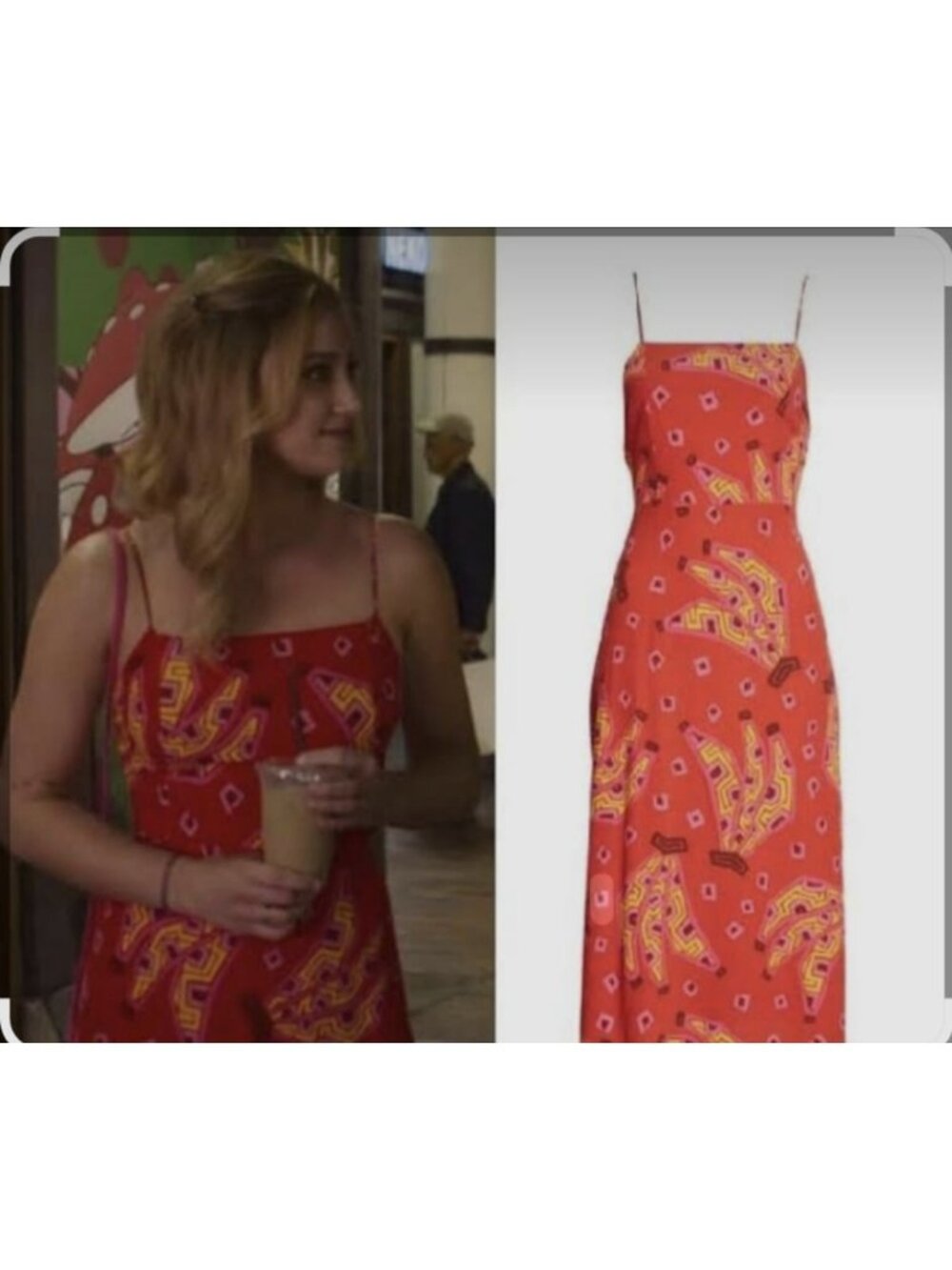 House of Harlow 1960 Revolve Banana Print Midi Dress S Red Beaded Tassel Strap